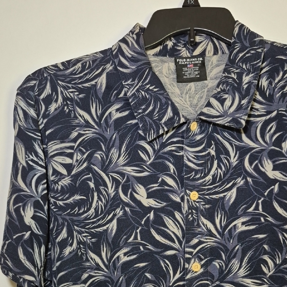 Polo Jeans Co. Ralph Lauren Men Camp Shirt Cotton Knit Button Down Blue XL